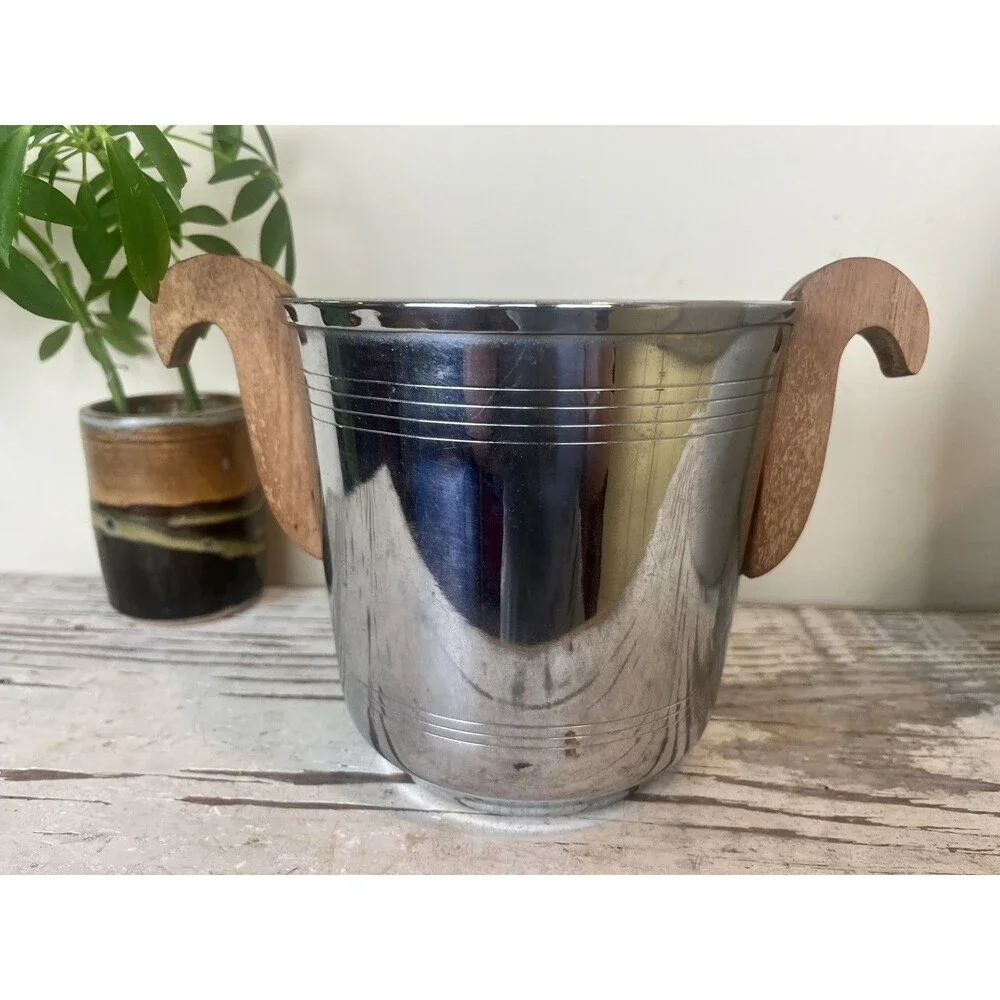 Vintage French Art Deco Metal & Wood Handled Small Ice Bucket 9” Ornate Decor